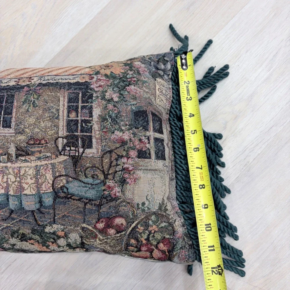 Vintage Woven Tapestry Lumbar Pillow European Cafe Scene Green Fringe 22x12